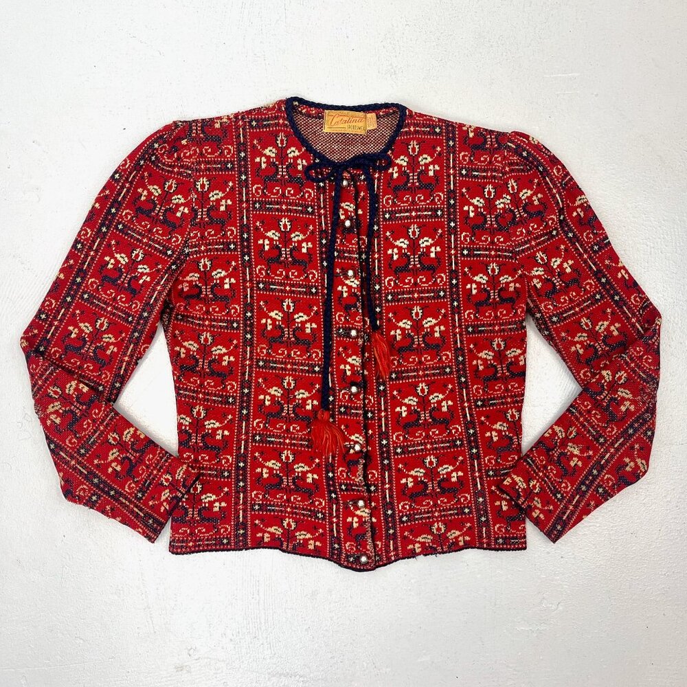 Vintage 1940s Catalina Jacquard Floral Deer Novelty Print Wool Red Blue Sweater